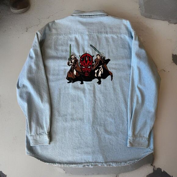 Vintage Star Wars Denim Shirt 2XL Blue 90s Movie Promo Button Up Darth Maul - Picture 1 of 9